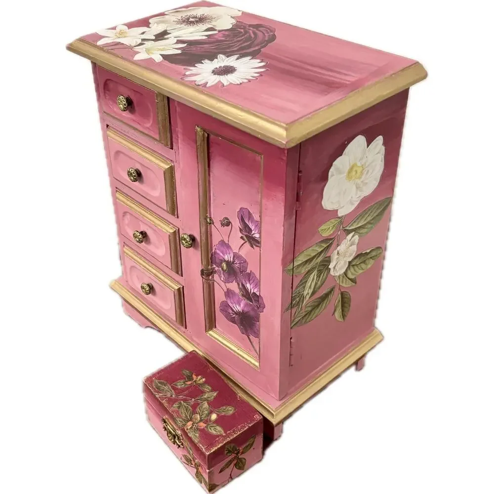 Upcycled Vintage Wooden Jewelry Box | Hand-Painted Dusty Pink & Maroon Ombre
